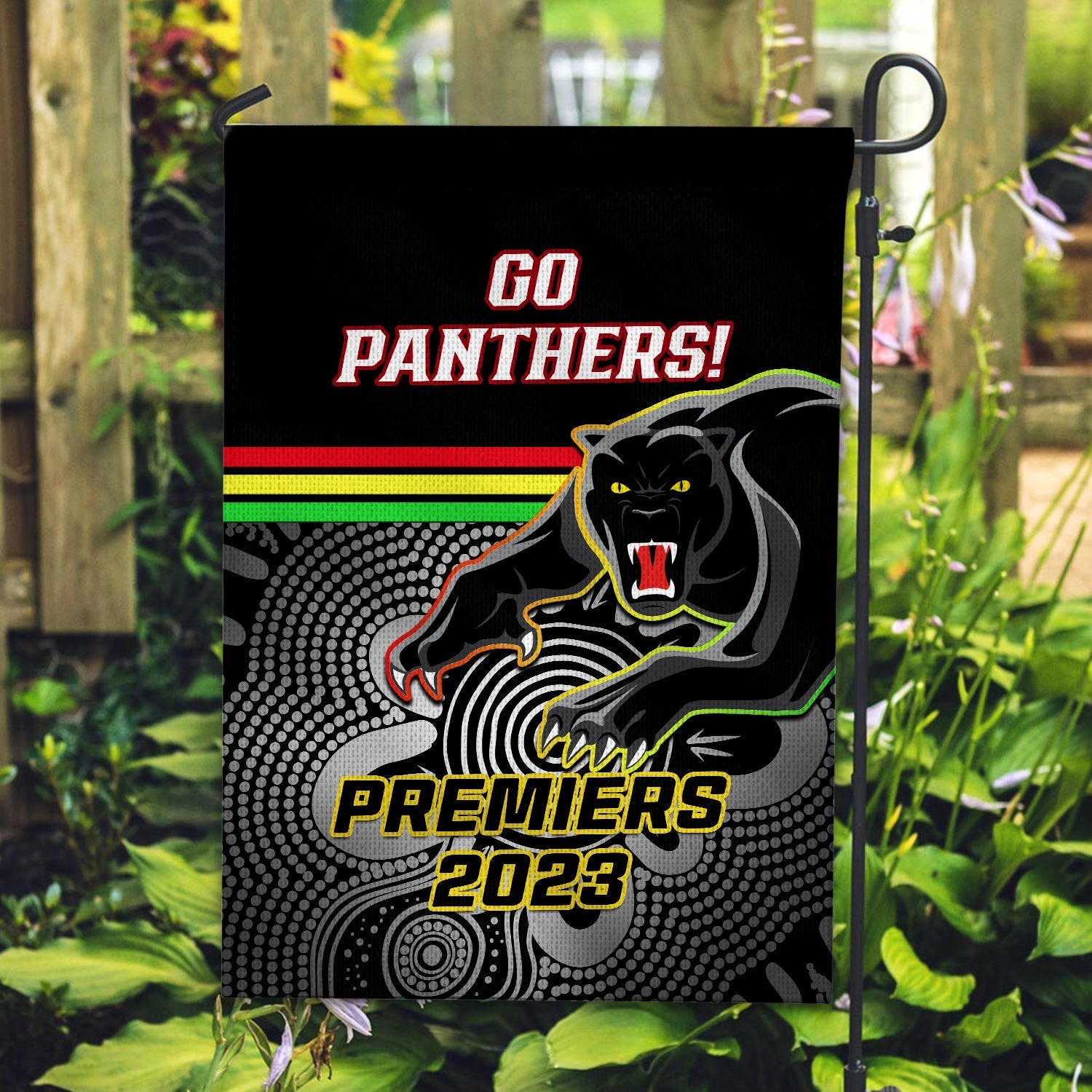 Penrith Panthers Rugby Garden Flag Aboriginal Go Premiers 2023 - Vibe Hoodie Shop