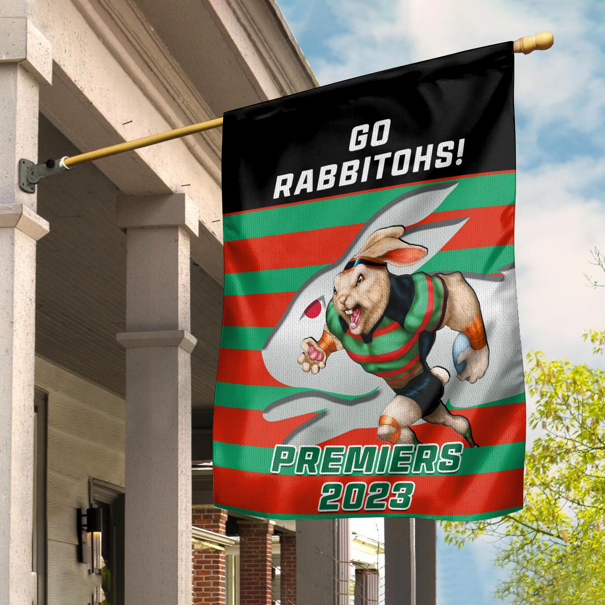 Rabbitohs Rugby Garden Flag Aboriginal Go Premiers 2023 - Vibe Hoodie Shop