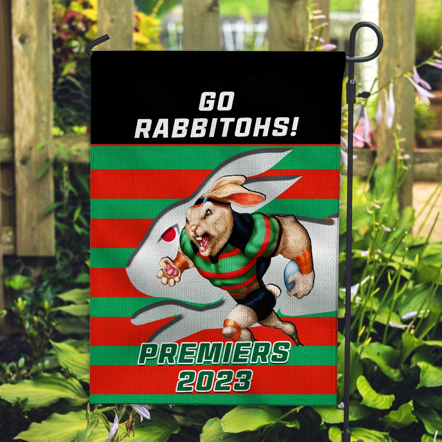 Rabbitohs Rugby Garden Flag Aboriginal Go Premiers 2023 - Vibe Hoodie Shop