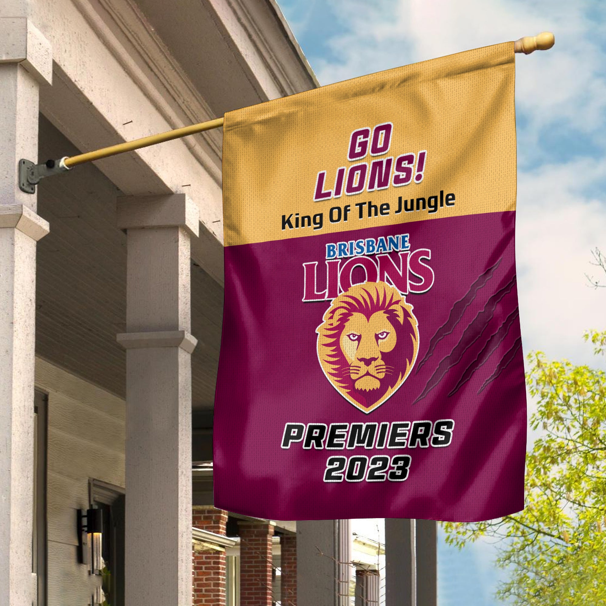 Brisbane Lions Football Garden Flag Go Premiers 2023 - Vibe Hoodie Shop