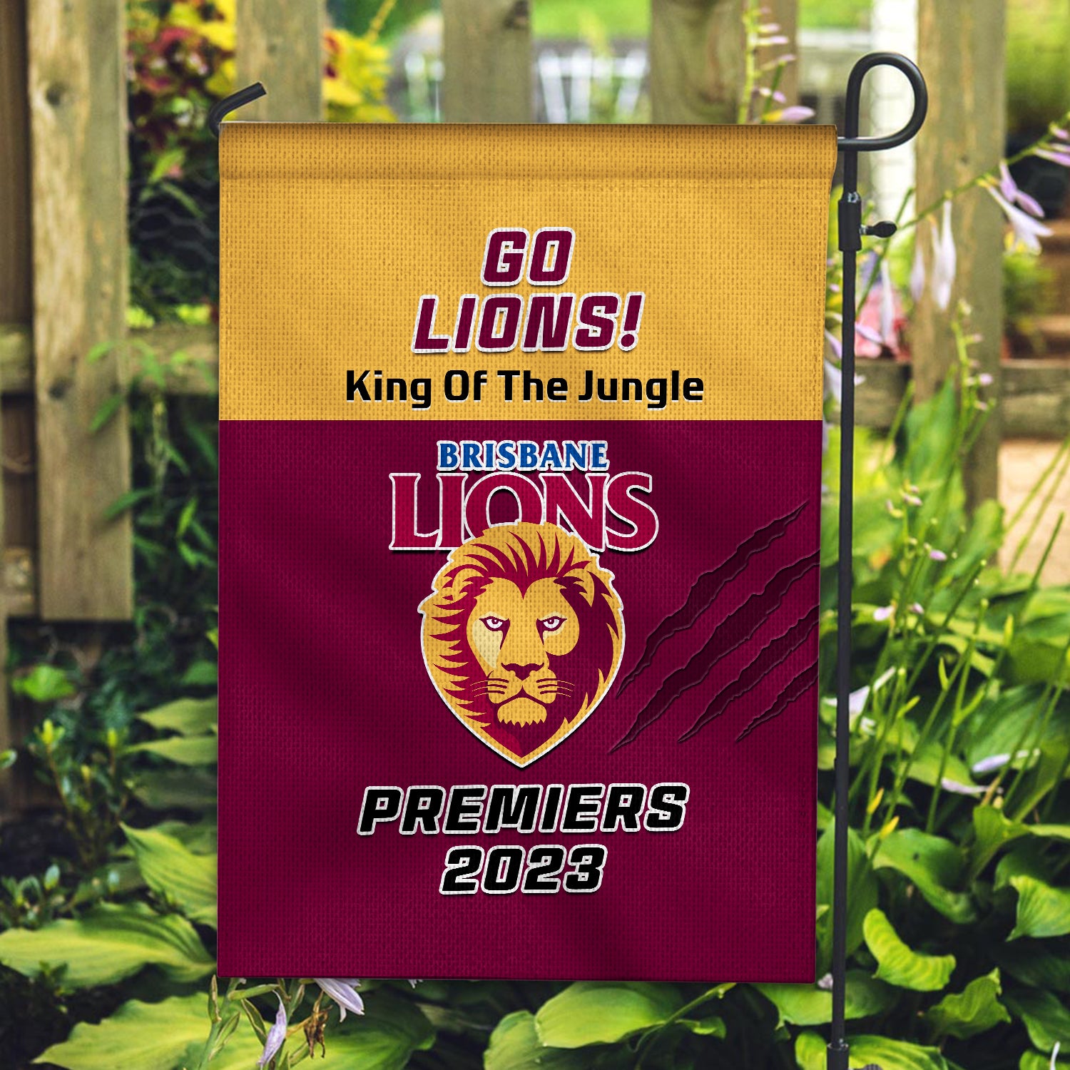 Brisbane Lions Football Garden Flag Go Premiers 2023 - Vibe Hoodie Shop