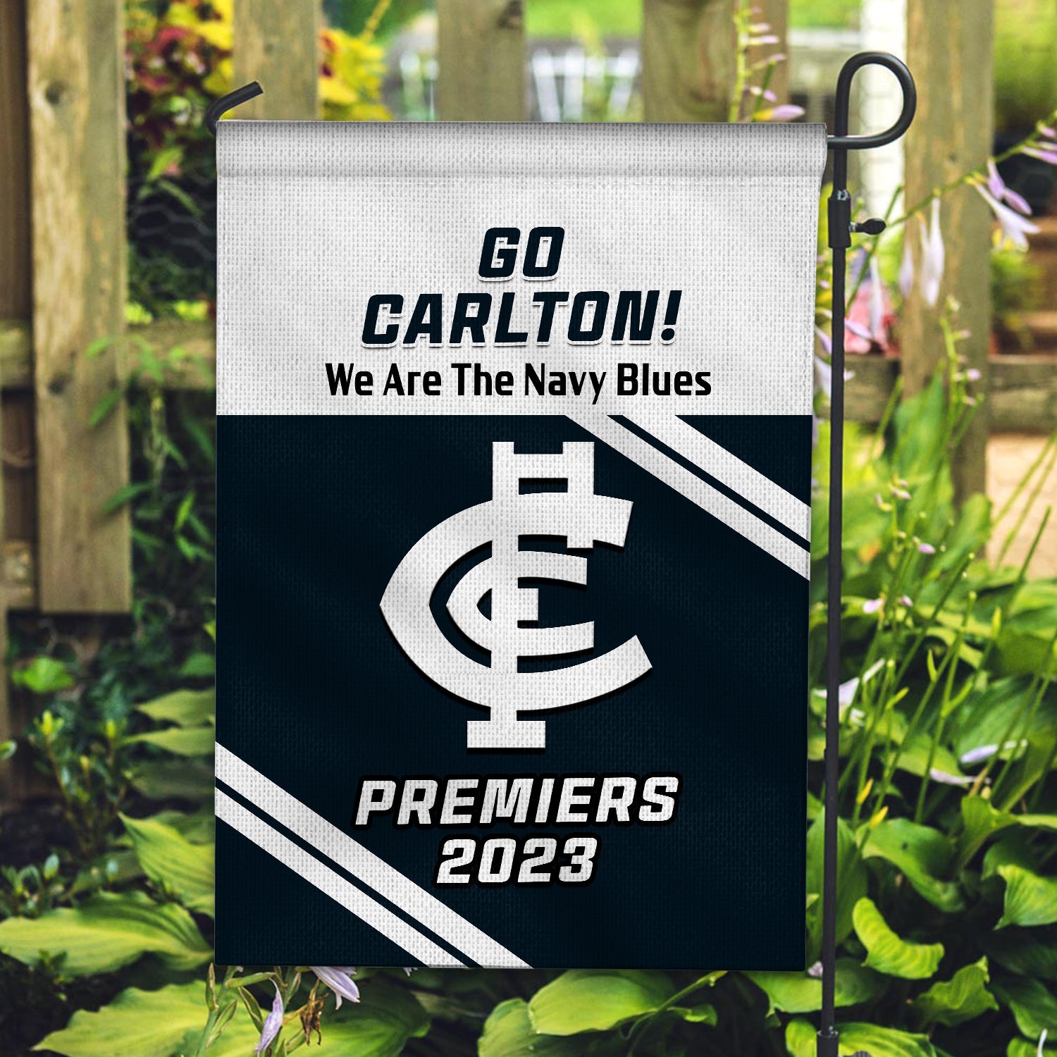 Blues Football Garden Flag Carlton Go Premiers 2023 - Vibe Hoodie Shop