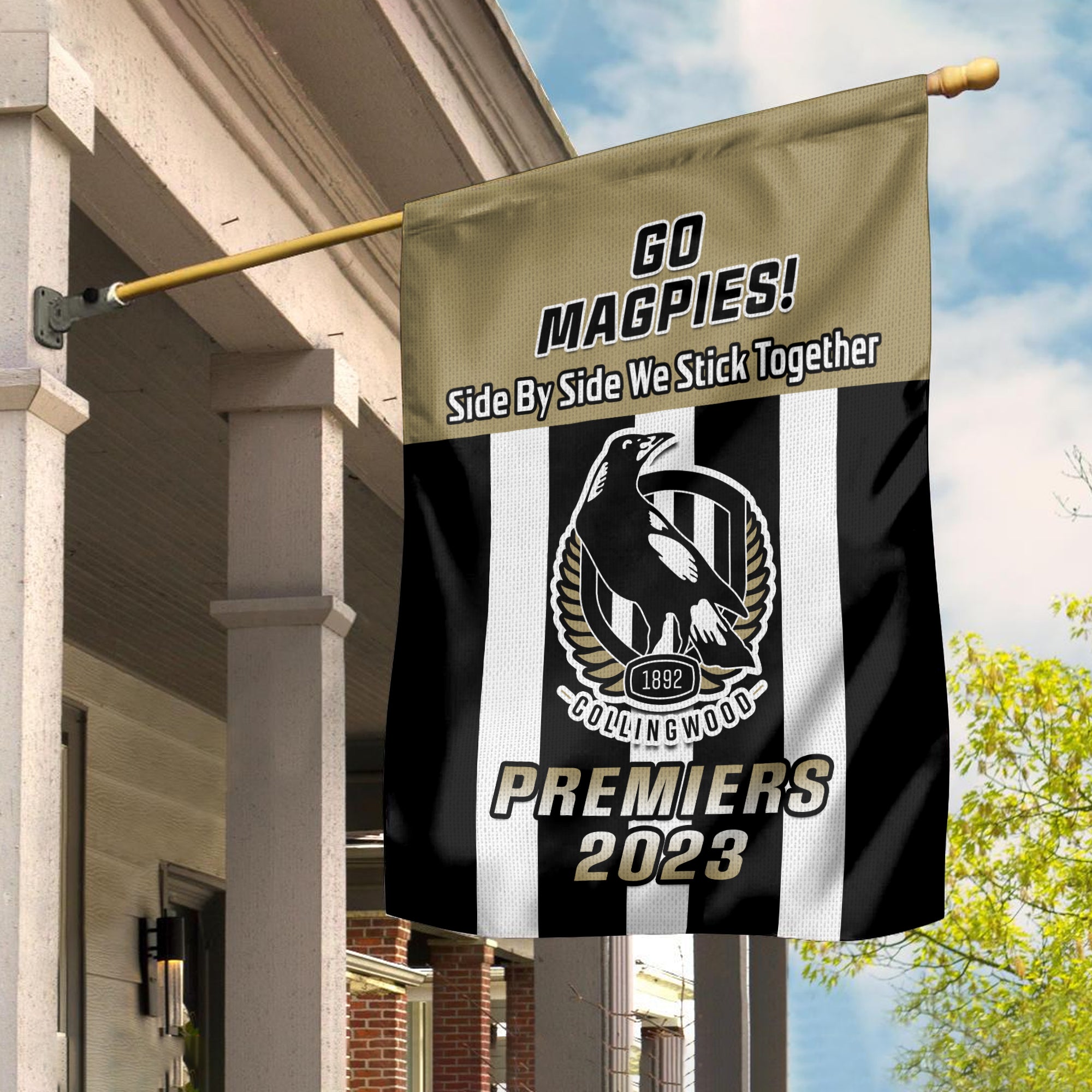 Collingwood Football Garden Flag Magpies Go Premiers 2023 - Vibe Hoodie Shop