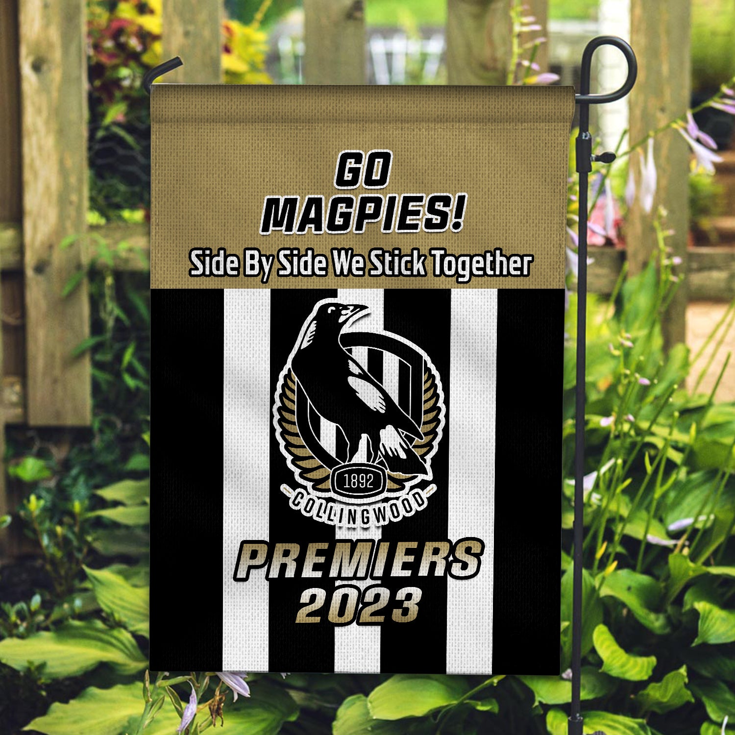 Collingwood Football Garden Flag Magpies Go Premiers 2023 - Vibe Hoodie Shop