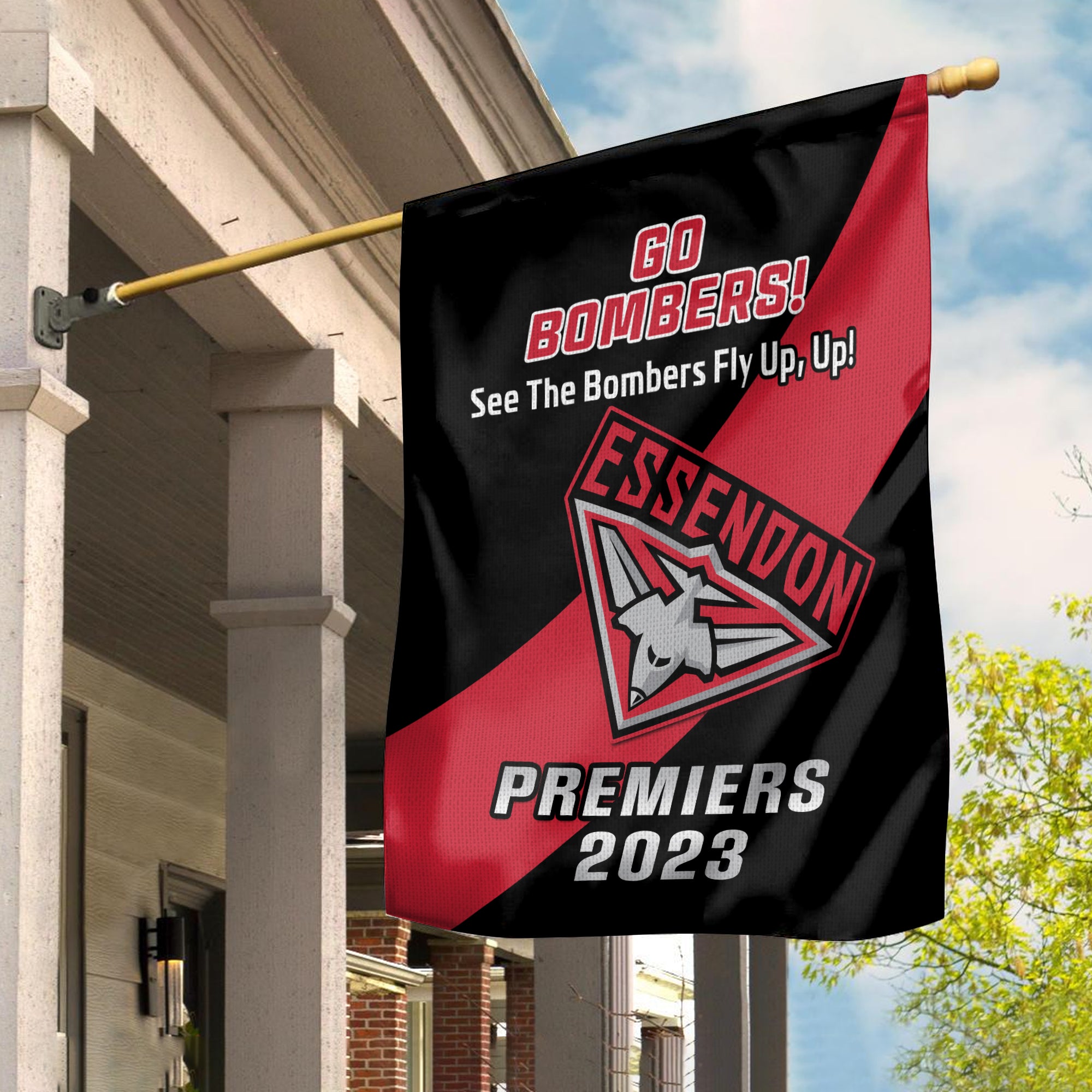 Essendon Football Garden Flag Bombers Go Premiers 2023 - Vibe Hoodie Shop