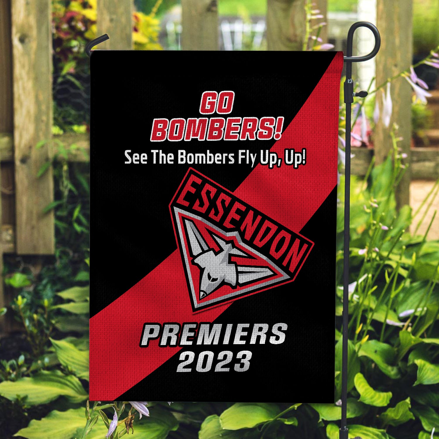 Essendon Football Garden Flag Bombers Go Premiers 2023 - Vibe Hoodie Shop