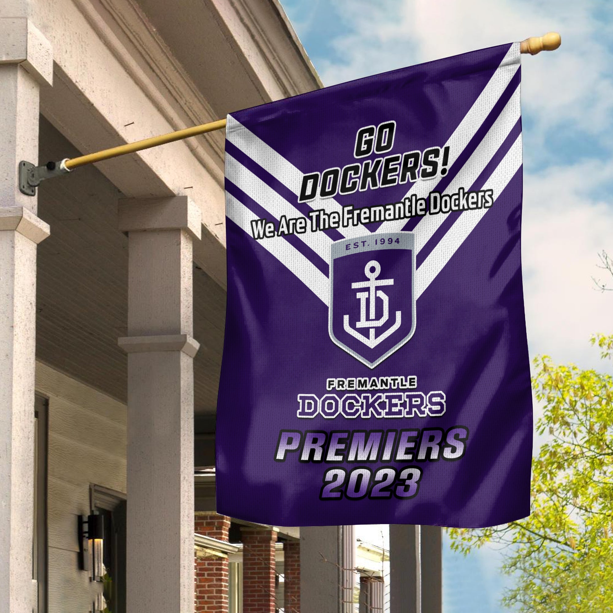 Fremantle Football Garden Flag Dockers Go Premiers 2023 - Vibe Hoodie Shop