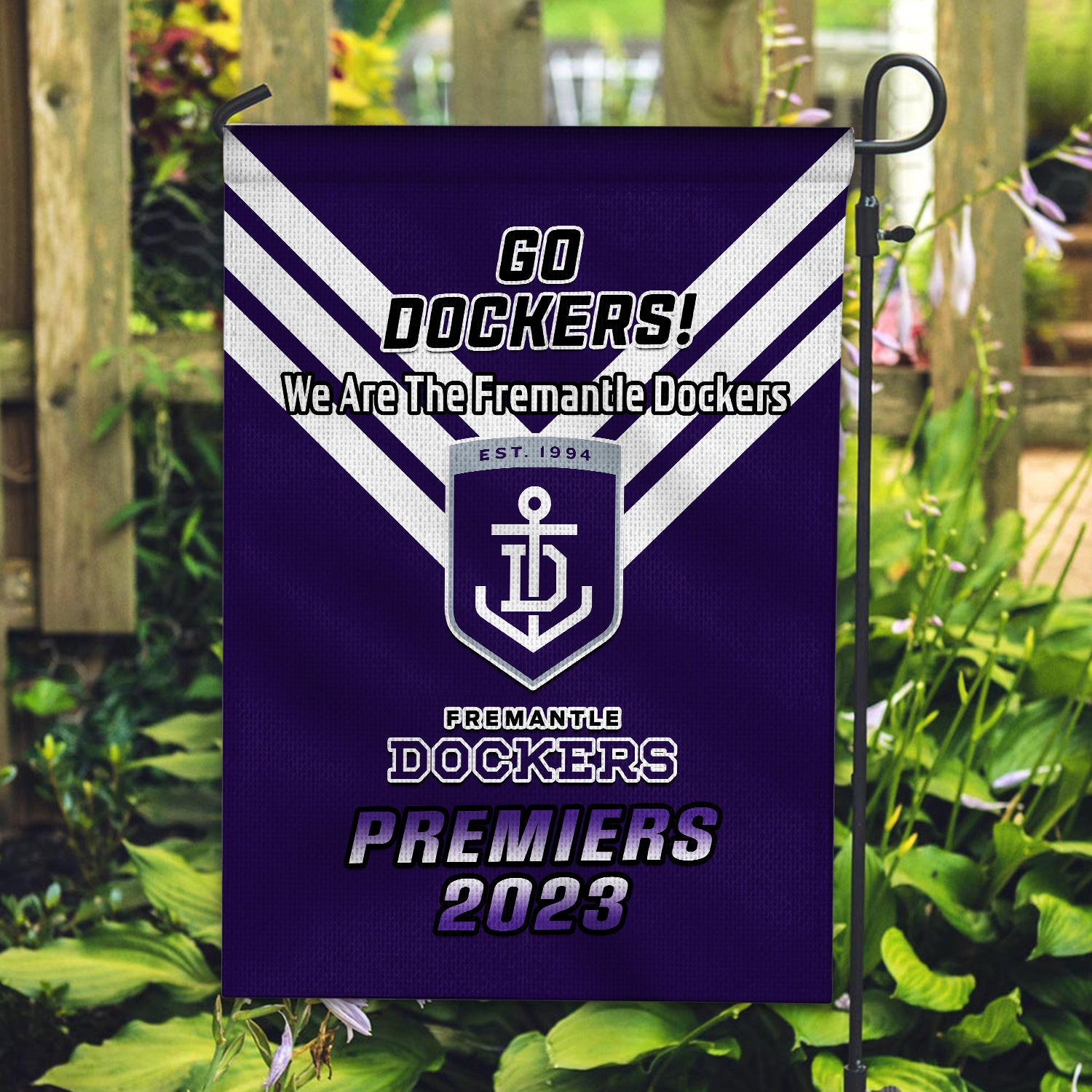 Fremantle Football Garden Flag Dockers Go Premiers 2023 - Vibe Hoodie Shop