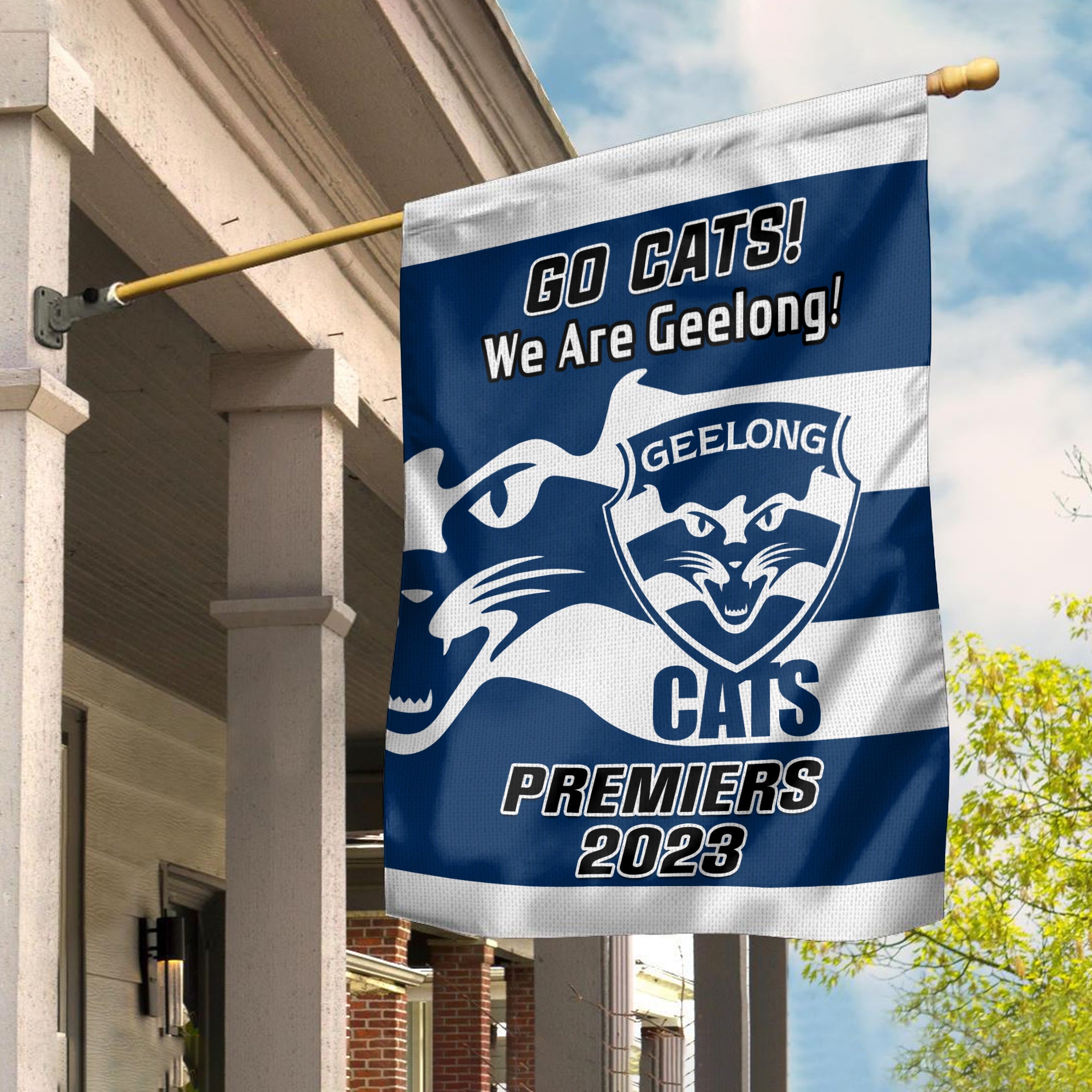 Geelong Football Garden Flag Cats Go Premiers 2023 - Vibe Hoodie Shop