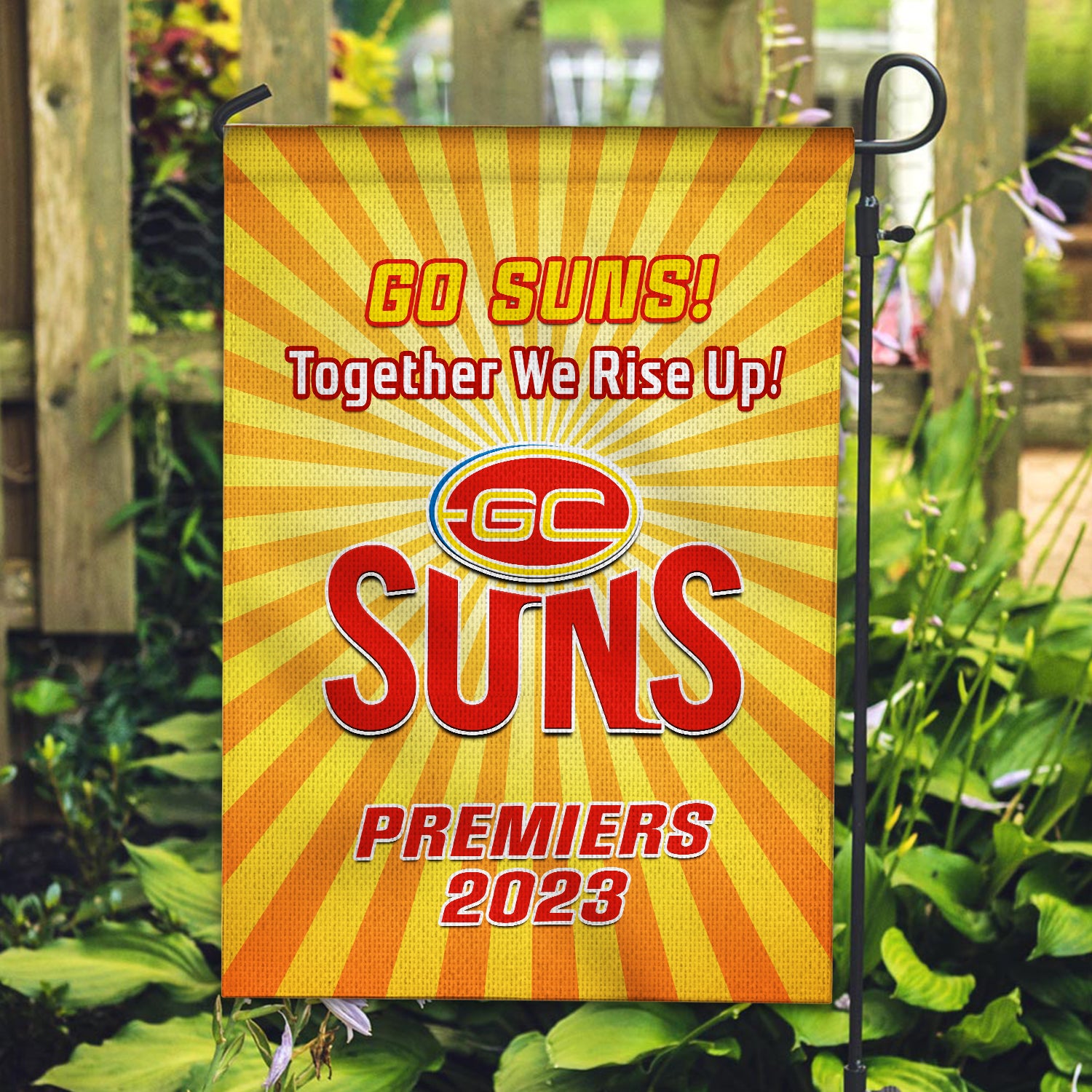 Gold Coast Football Garden Flag Suns Go Premiers 2023 - Vibe Hoodie Shop