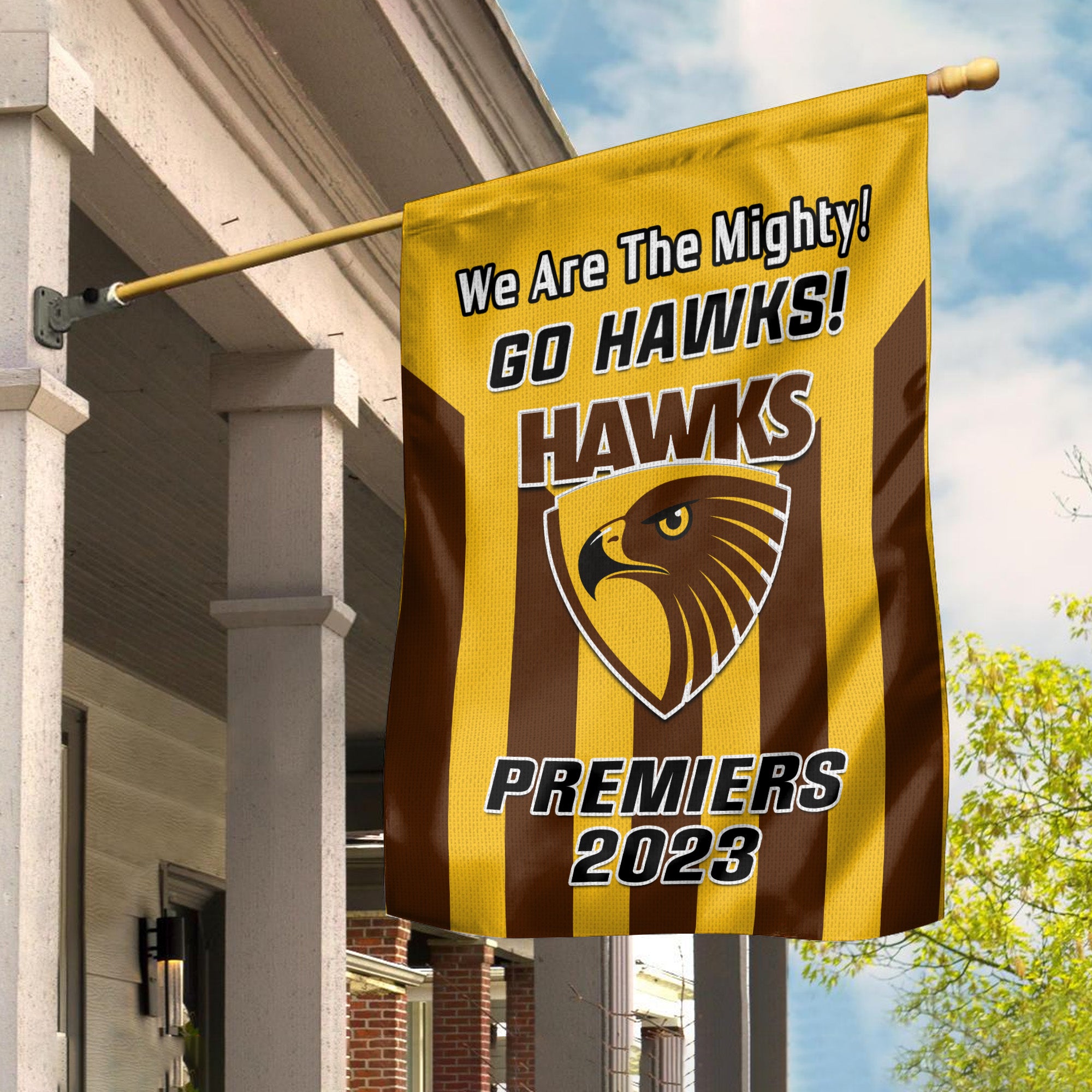 Hawthorn Football Garden Flag Hawks Go Premiers 2023 - Vibe Hoodie Shop