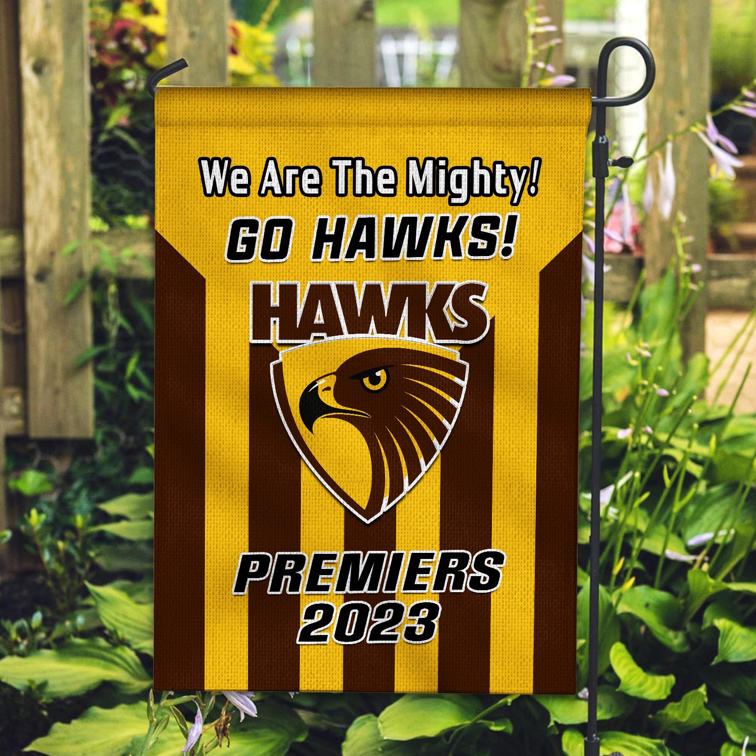 Hawthorn Football Garden Flag Hawks Go Premiers 2023 - Vibe Hoodie Shop