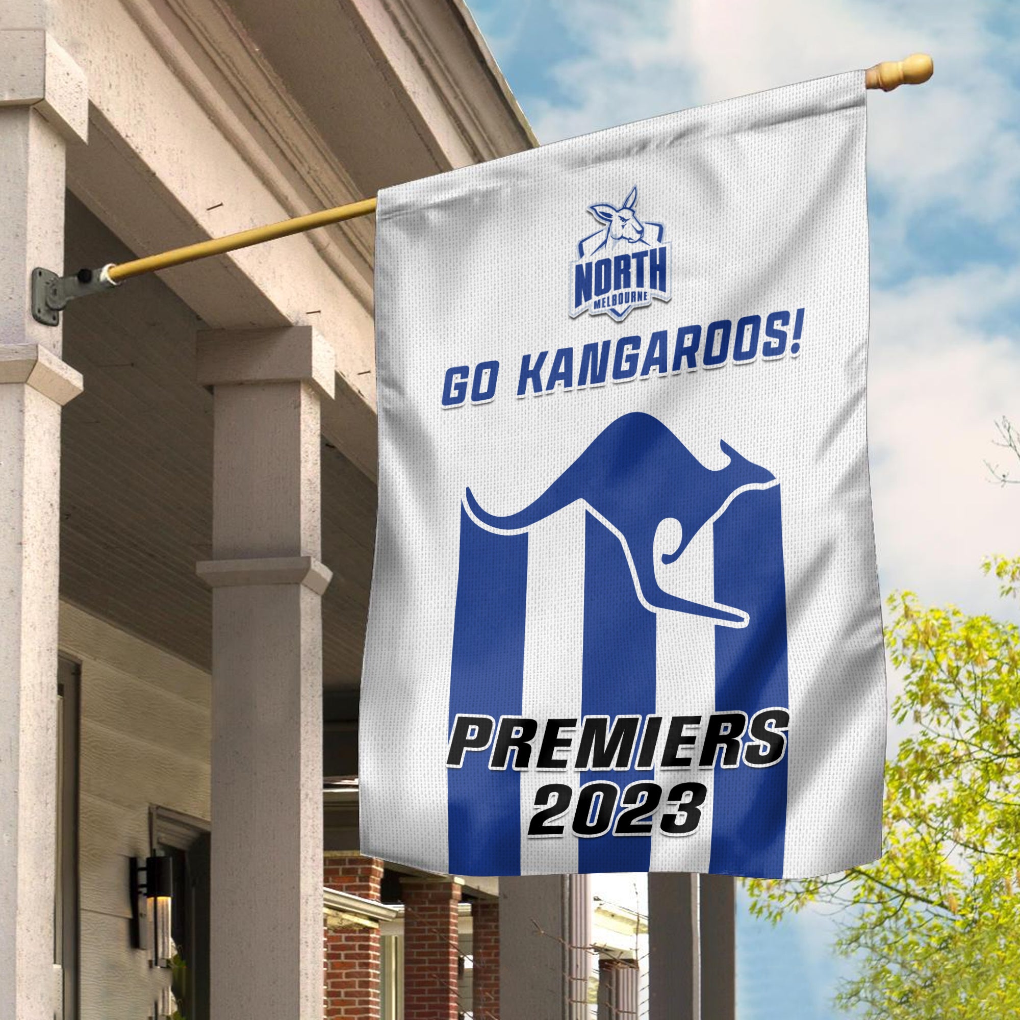 North Melbourne Football Garden Flag Kangaroos Go Premiers 2023 - Vibe Hoodie Shop