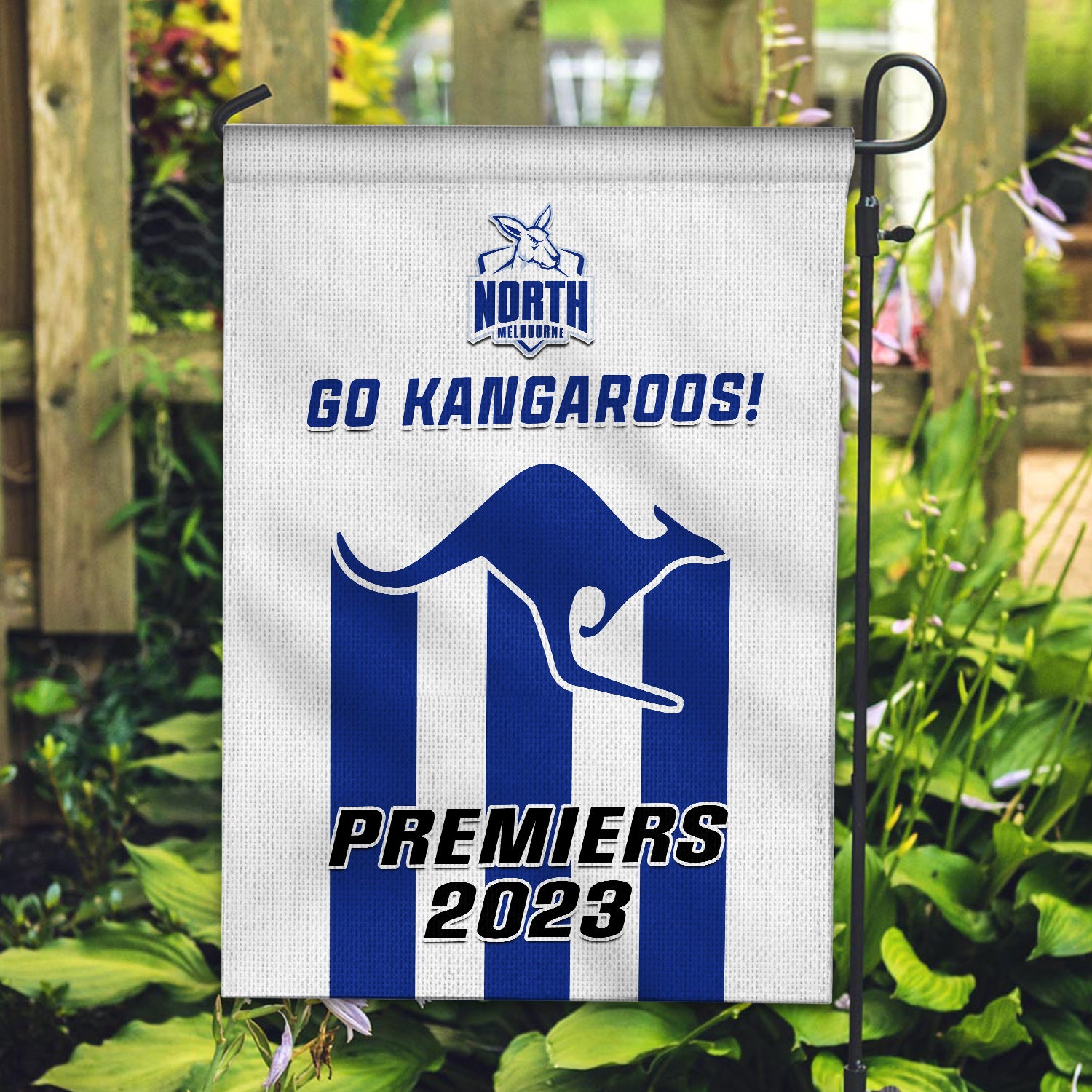 North Melbourne Football Garden Flag Kangaroos Go Premiers 2023 - Vibe Hoodie Shop