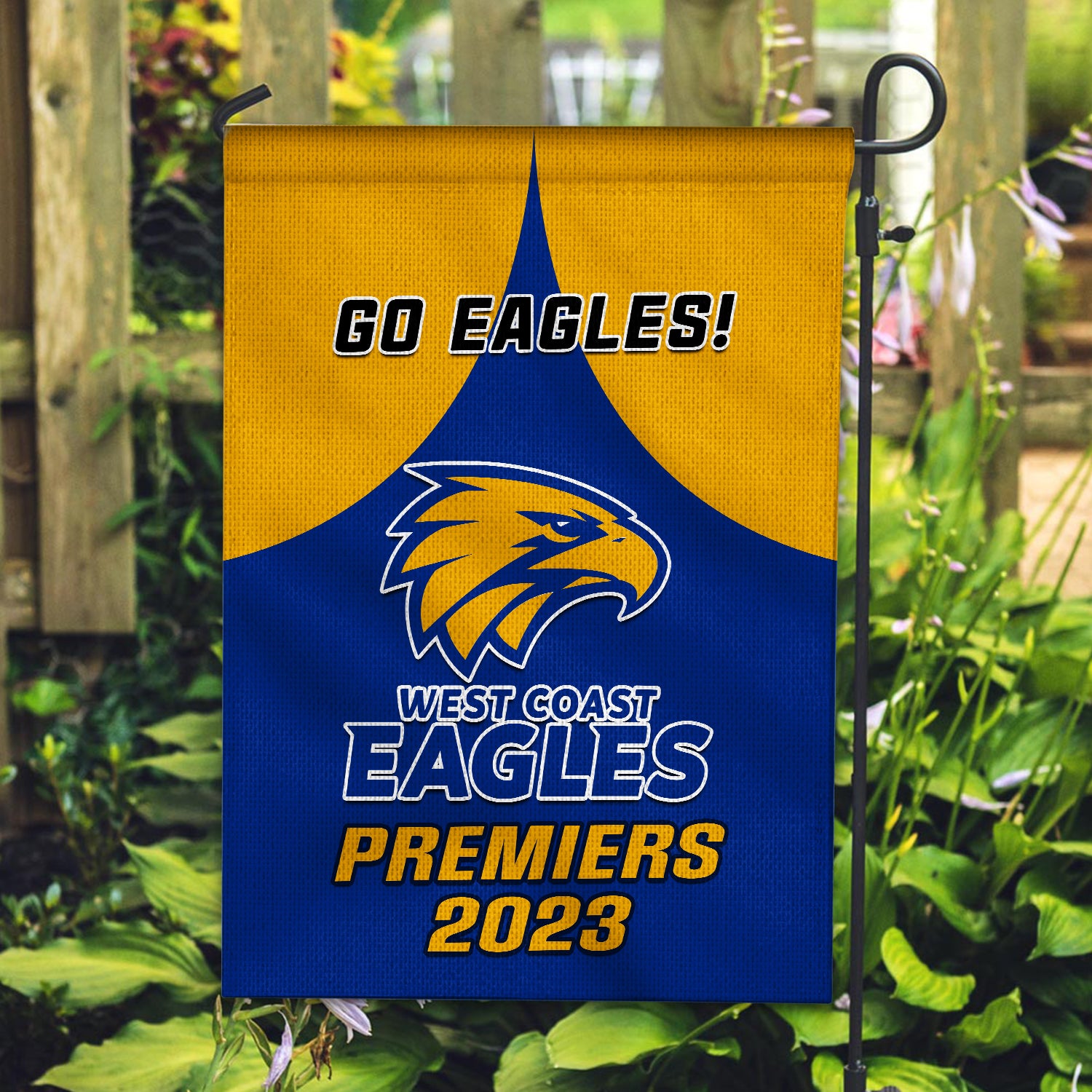 West Coast Football Garden Flag Eagles Go Premiers 2023 - Vibe Hoodie Shop