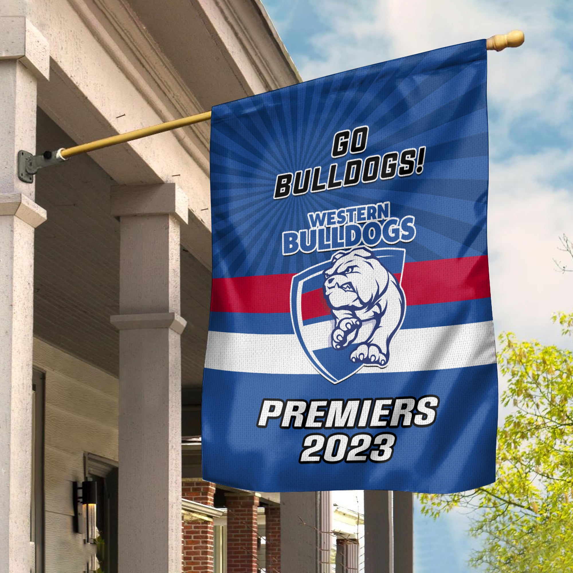 Western Bulldogs Football Garden Flag Go Premiers 2023 - Vibe Hoodie Shop