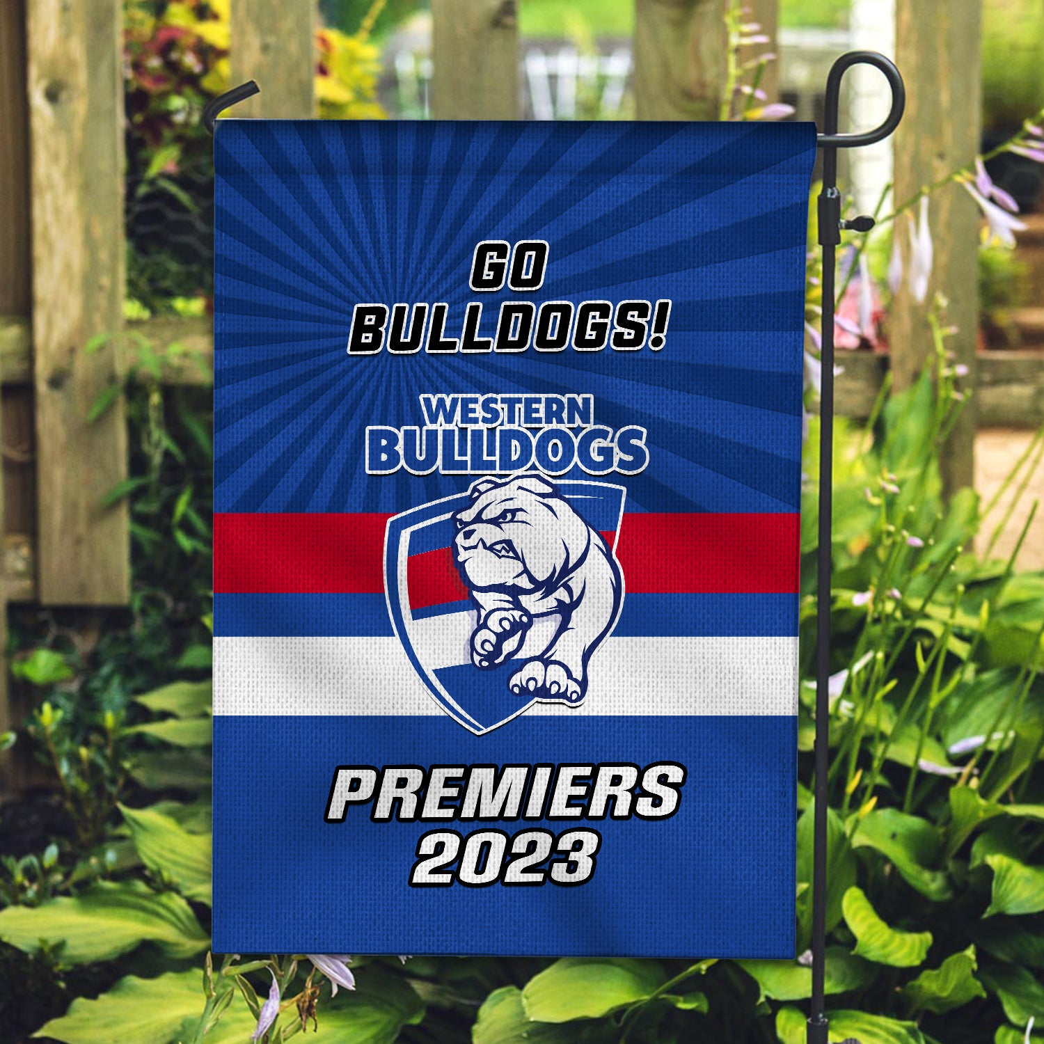 Western Bulldogs Football Garden Flag Go Premiers 2023 - Vibe Hoodie Shop