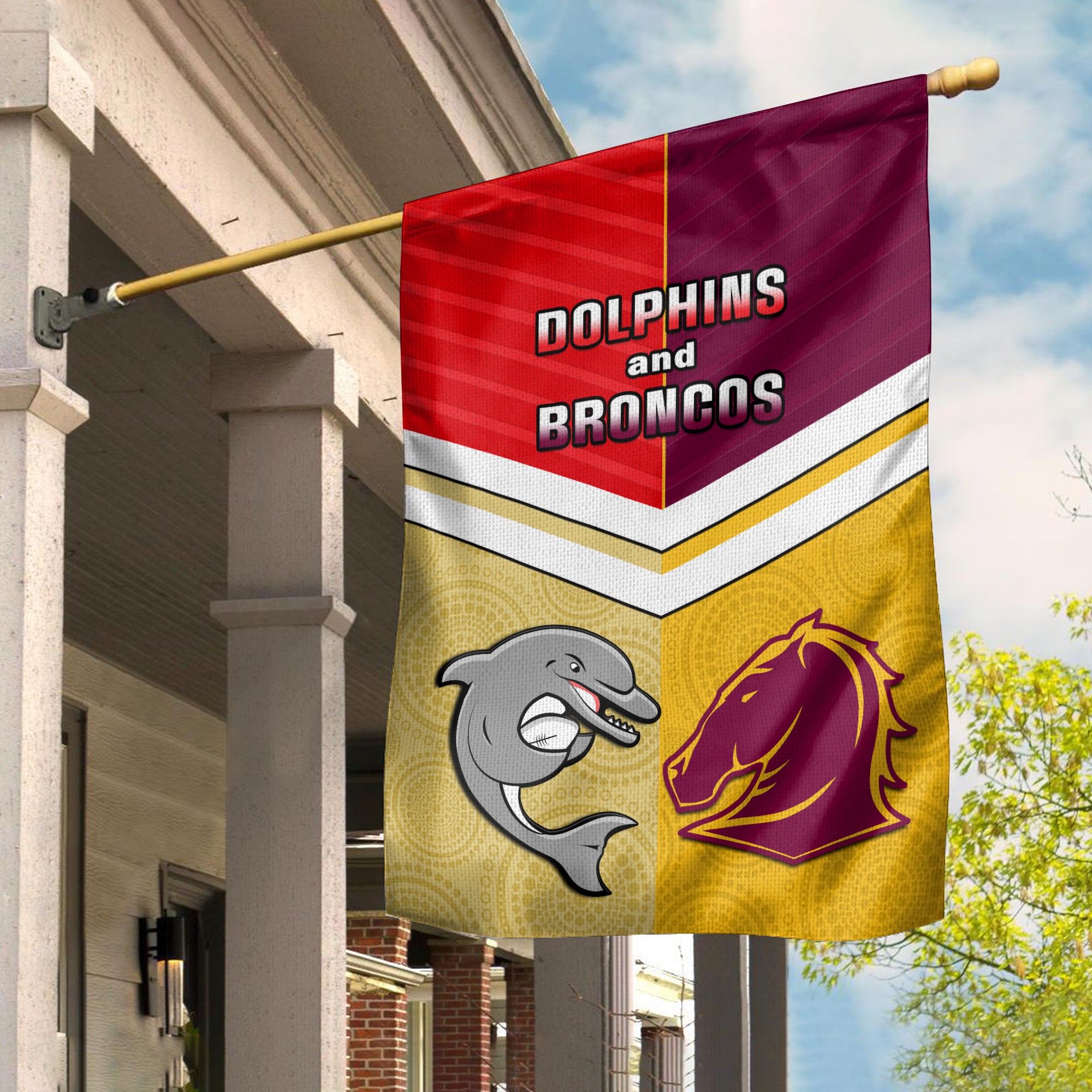 Dophins Mix Broncos Rugby Garden Flag 2023 Aboriginal Version - Vibe Hoodie Shop