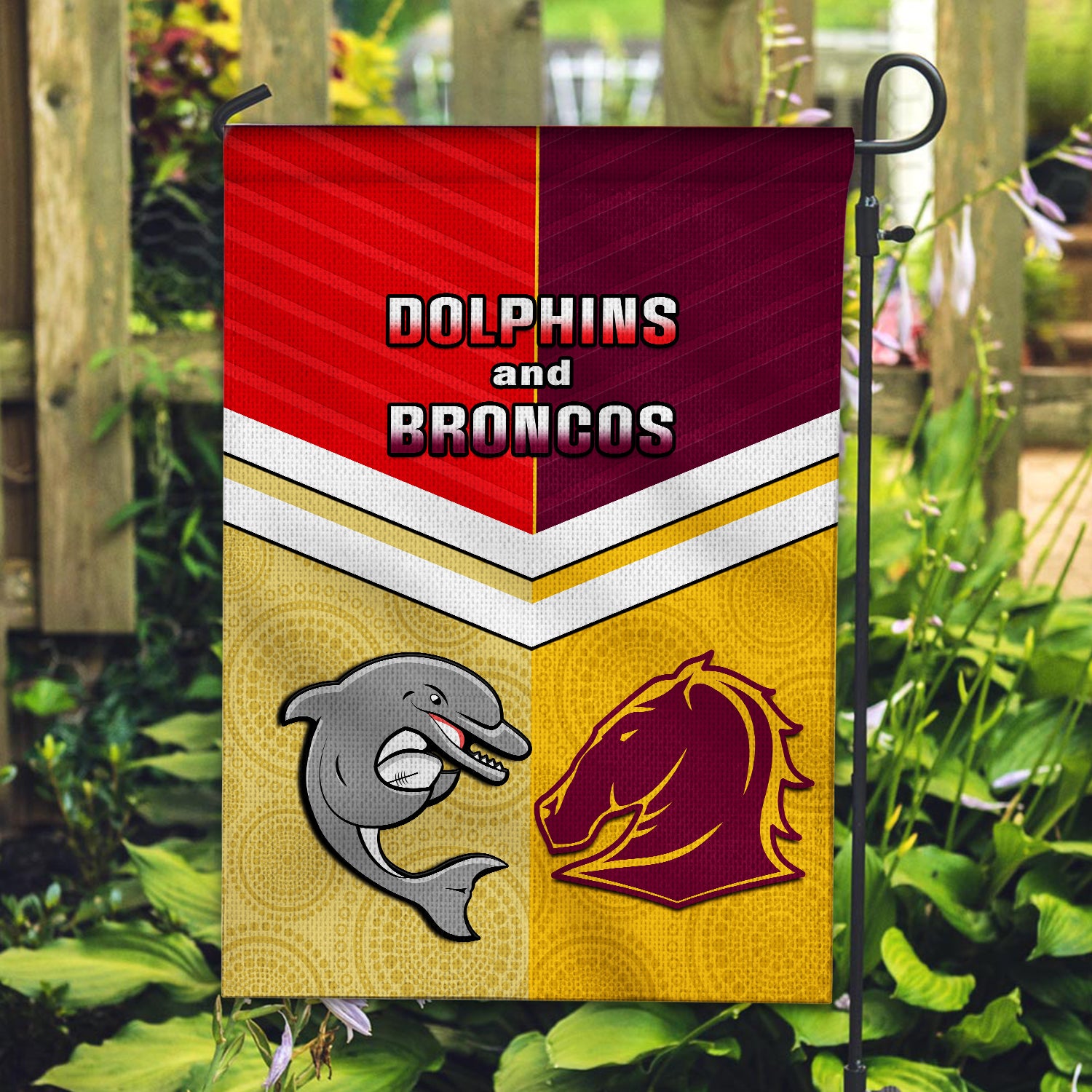 Dophins Mix Broncos Rugby Garden Flag 2023 Aboriginal Version - Vibe Hoodie Shop