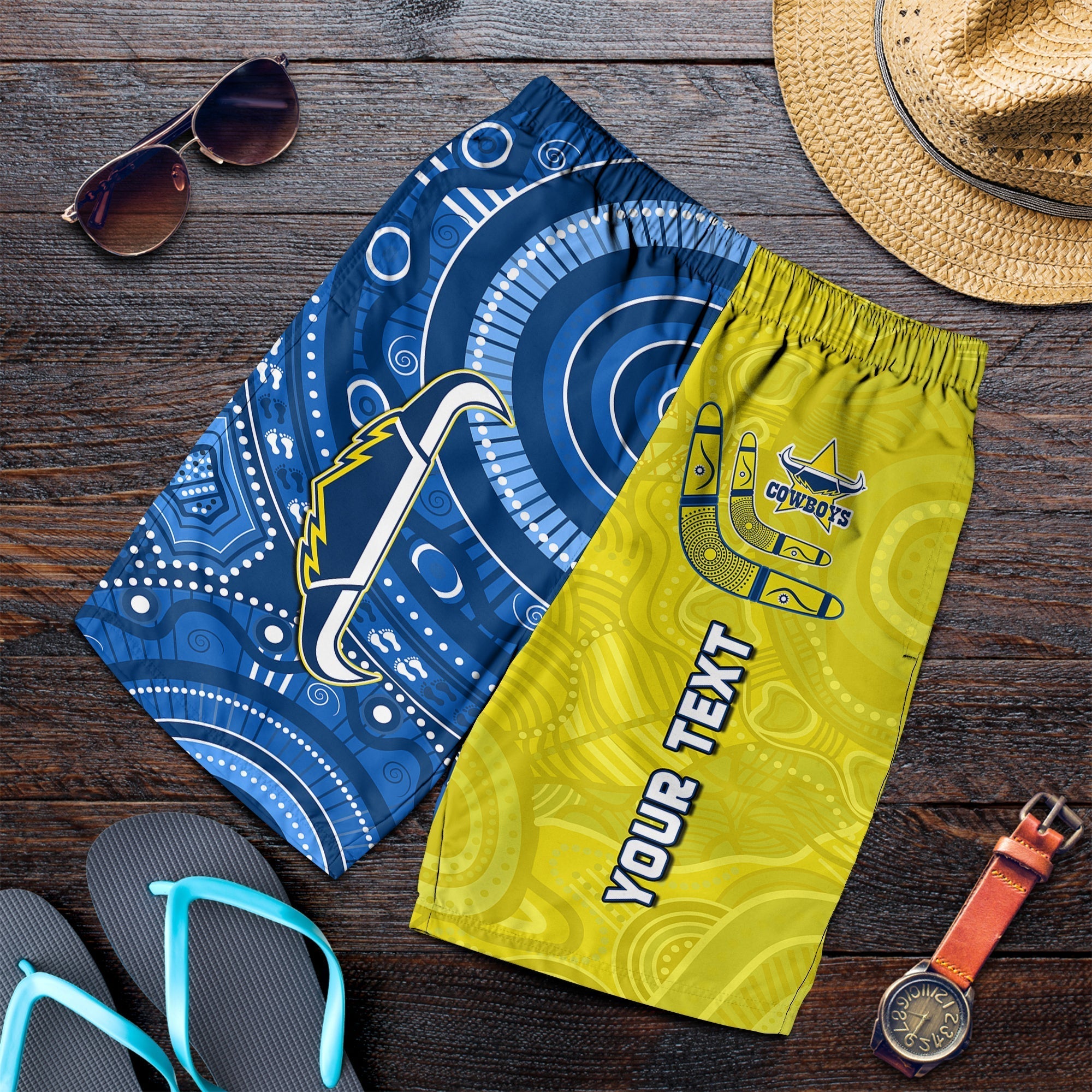 (Custom Personalised) Cowboys Rugby Men Shorts Aboriginal Boomerang Go Premiers North Queensland - Vibe Hoodie Shop