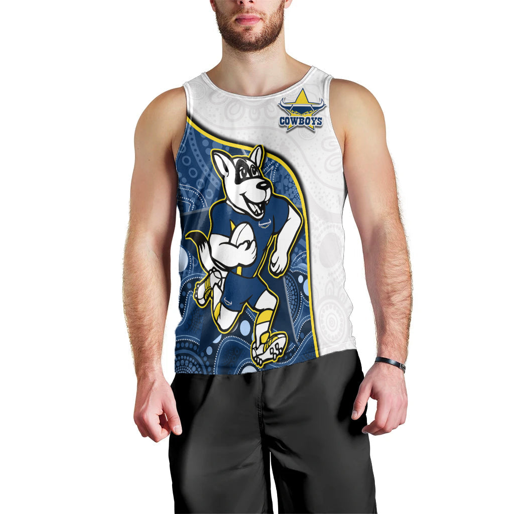 (Custom Text And Number) Cowboys Rugby Men Tank Top Macost Indigenous Pattern 2022 Premiers - Vibe Hoodie Shop