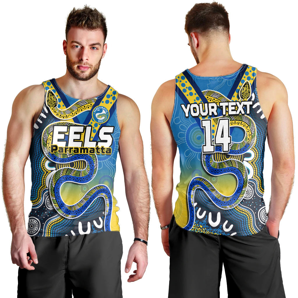 (Custom Text And Number) Eels Rugby Men Tank Top Aboriginal Art Sporty Style - Vibe Hoodie Shop
