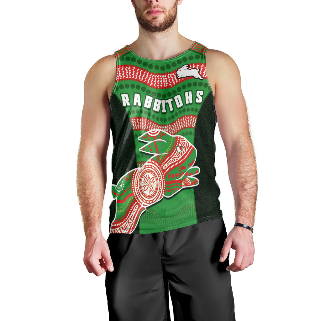 (Custom Text And Number) Rabbitohs Rugby Men Tank Top Souths 1908 Aboriginal Dot Painting Go Bunnies - Vibe Hoodie Shop