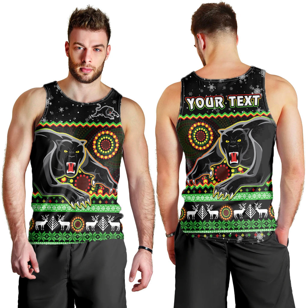 (Custom Personalised) Panthers Christmas Men Tank Top Aboriginal Pattern Penrith Black Version - Vibe Hoodie Shop