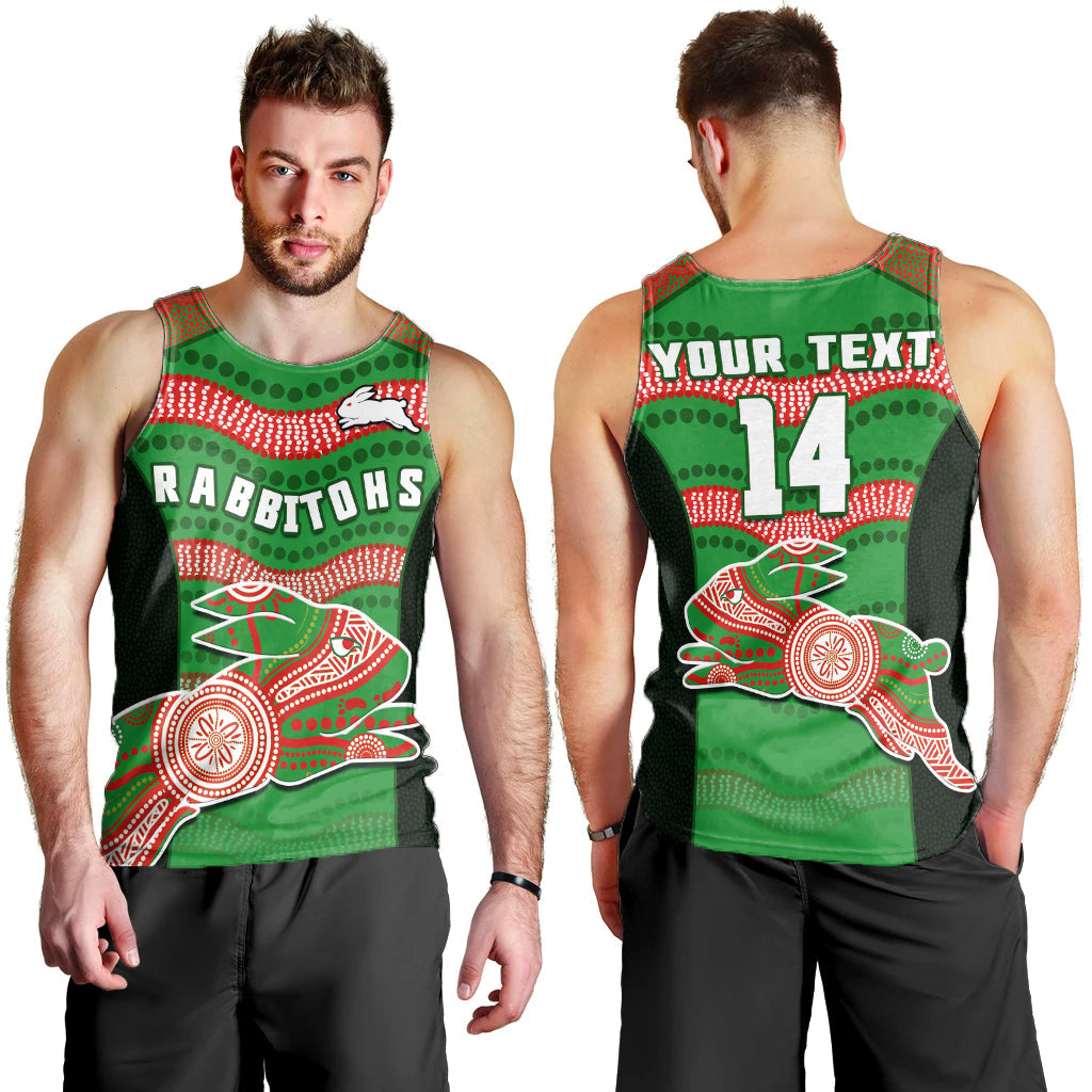 (Custom Text And Number) Rabbitohs Rugby Men Tank Top Souths 1908 Aboriginal Dot Painting Go Bunnies - Vibe Hoodie Shop
