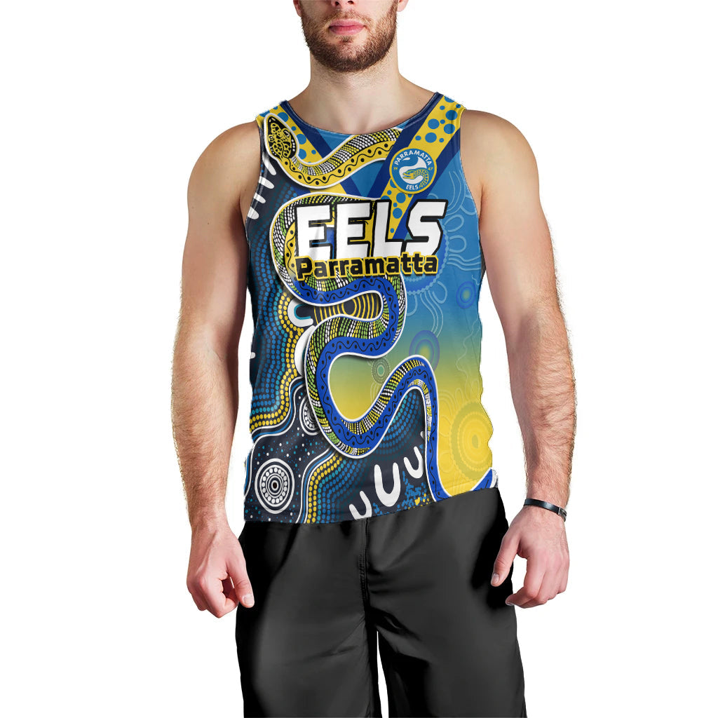 (Custom Text And Number) Eels Rugby Men Tank Top Aboriginal Art Sporty Style - Vibe Hoodie Shop