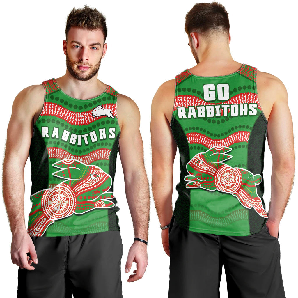 Rabbitohs Rugby Men Tank Top Souths 1908 Aboriginal Dot Painting Go Bunnies - Vibe Hoodie Shop