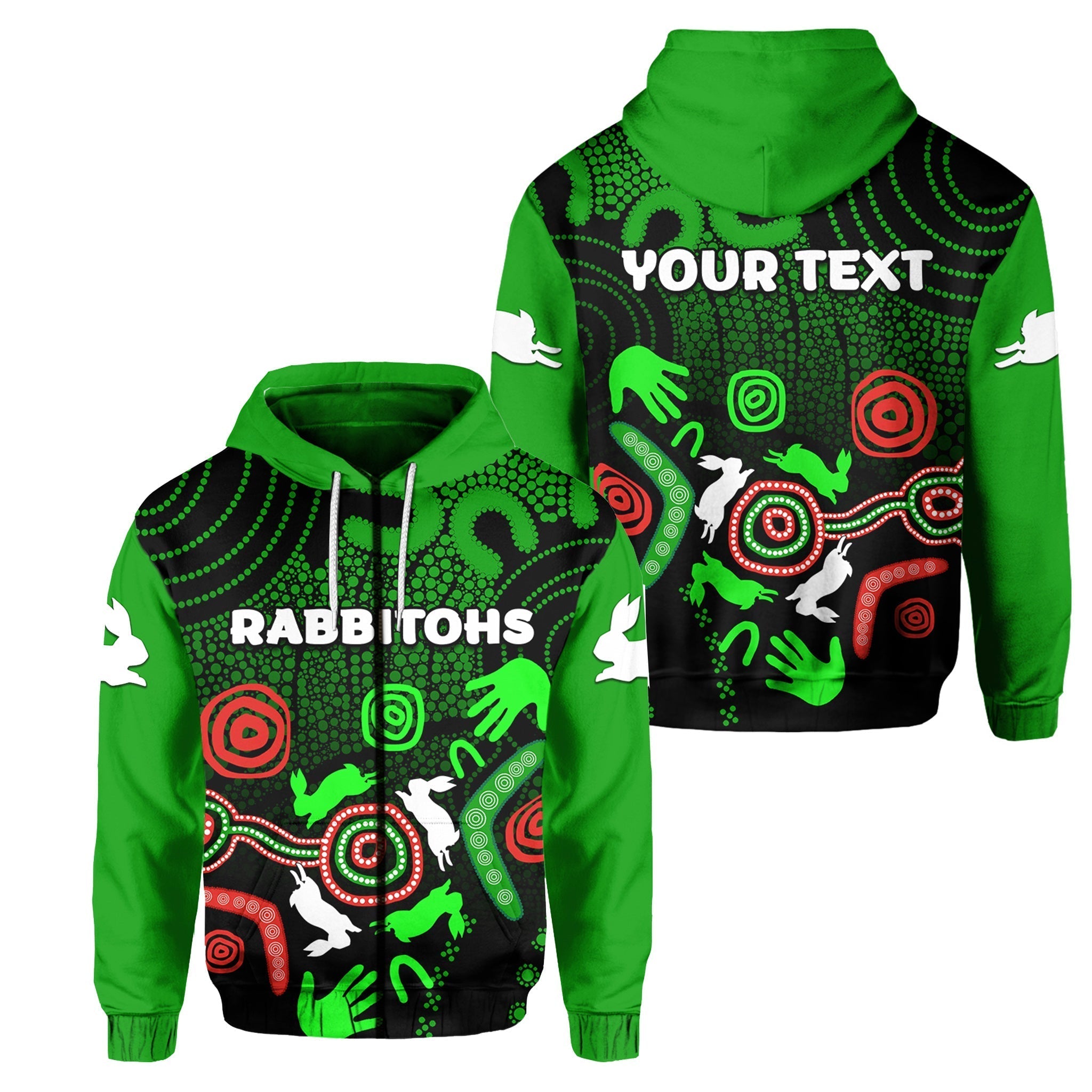 (Custom Personalised) South Sydney Rabbitohs Indigenous Zip Hoodie No.2 LT6 - Vibe Hoodie Shop