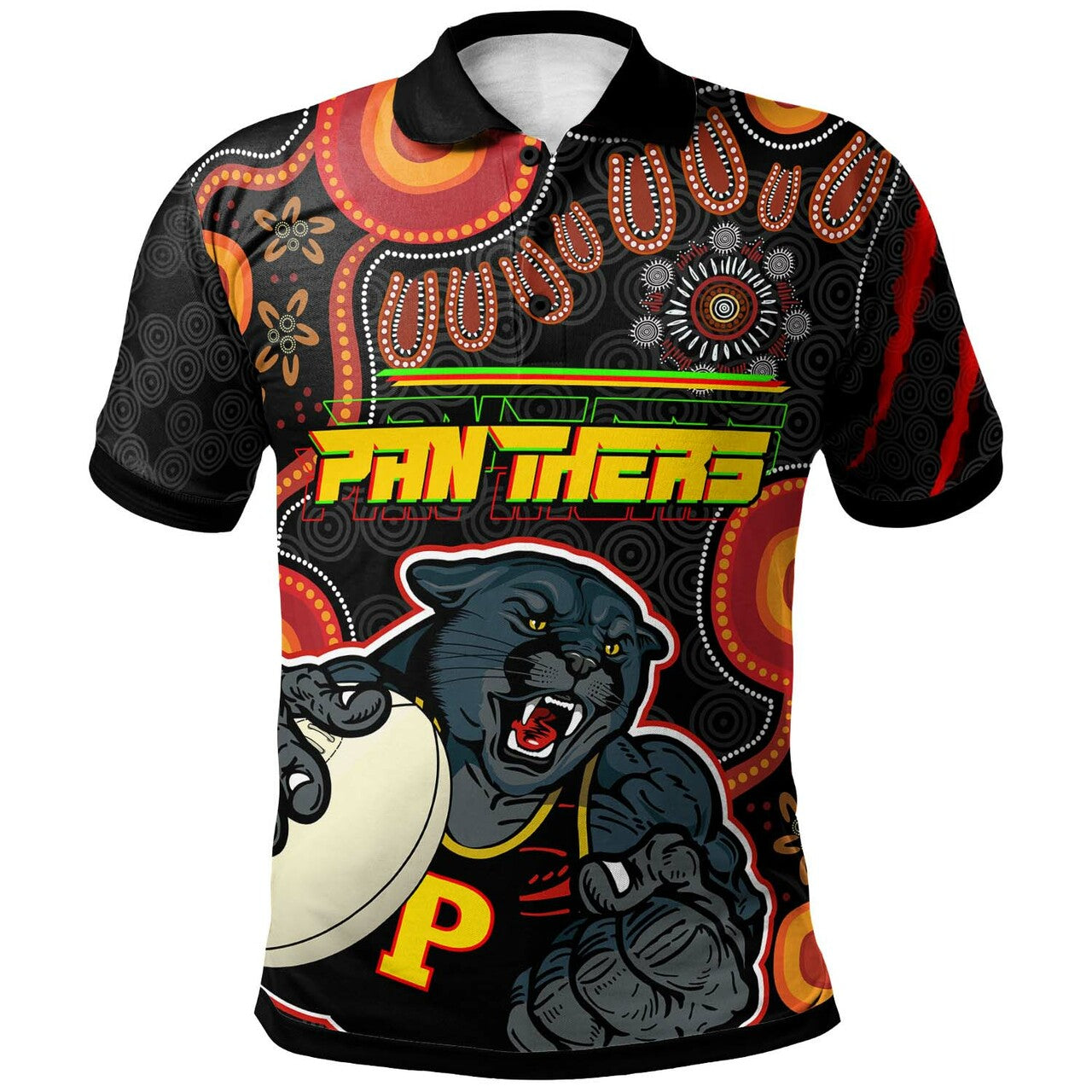 Panthers Rugby Polo Shirt - Custom Penrith Panthers Aboriginal with Rugby Ball Indigenous Style of Dot Painting Traditional RLT12 - Vibe Hoodie Shop