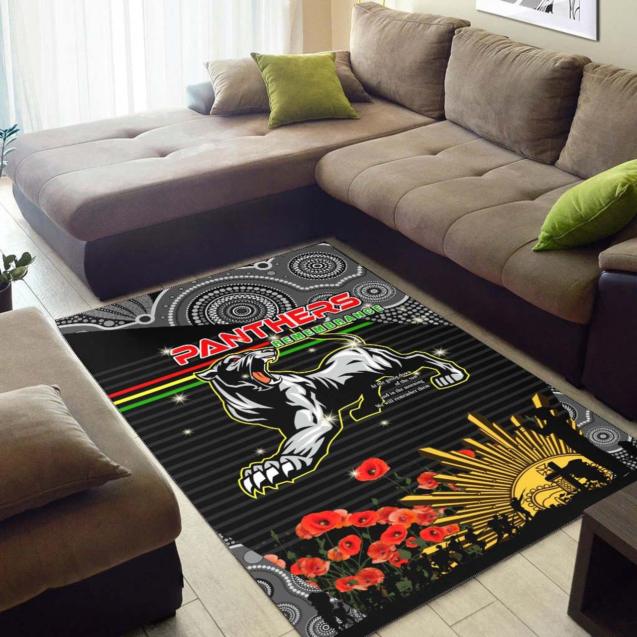 Panthers Rugby ANZAC Aboriginal Rug - Custom Penrith Panthers with Poppy Flower Art Rug LT10 - Vibe Hoodie Shop