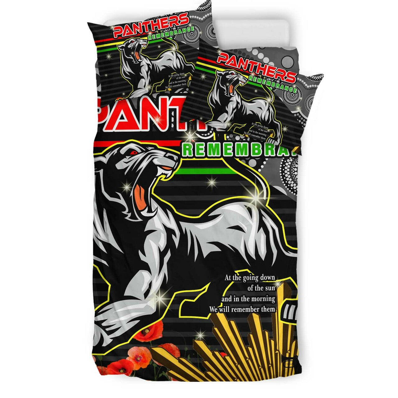 Panthers Rugby ANZAC Aboriginal Bedding Set - Penrith Panthers with Poppy Flower Art Bedding Set LT10 - Vibe Hoodie Shop