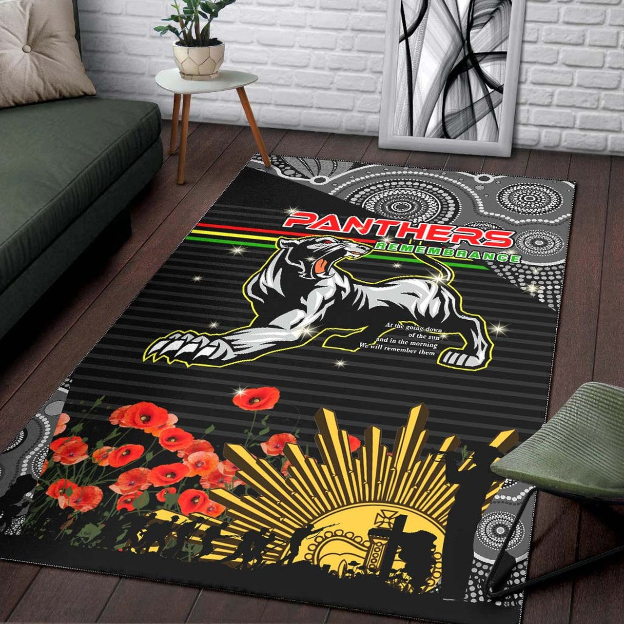 Panthers Rugby ANZAC Aboriginal Rug - Custom Penrith Panthers with Poppy Flower Art Rug LT10 - Vibe Hoodie Shop