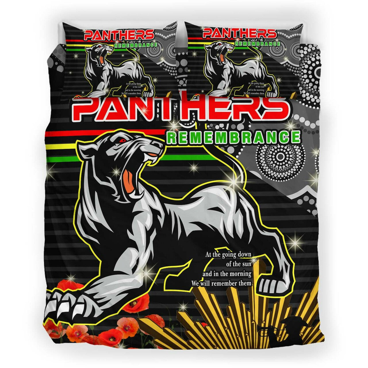 Panthers Rugby ANZAC Aboriginal Bedding Set - Penrith Panthers with Poppy Flower Art Bedding Set LT10 - Vibe Hoodie Shop