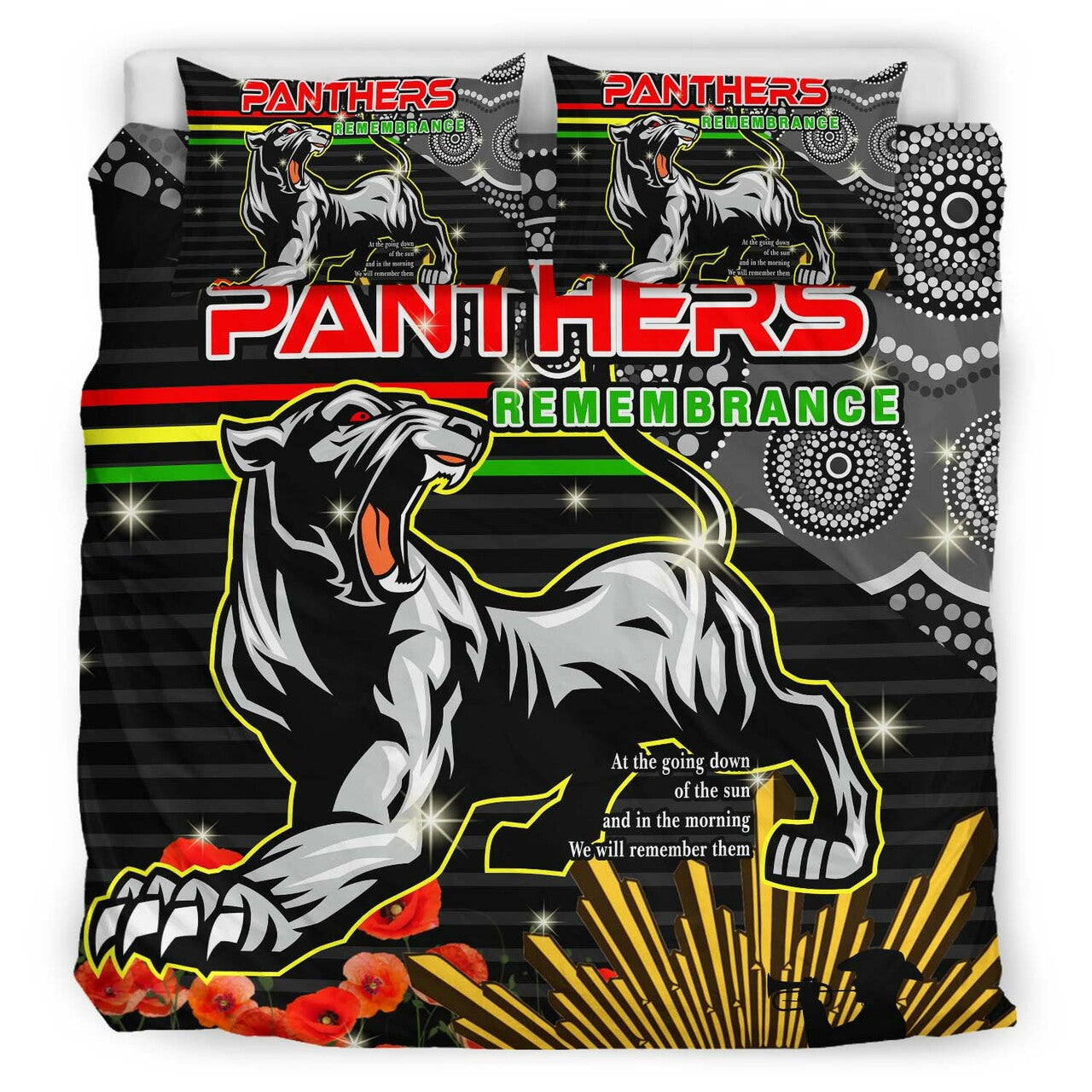 Panthers Rugby ANZAC Aboriginal Bedding Set - Penrith Panthers with Poppy Flower Art Bedding Set LT10 - Vibe Hoodie Shop