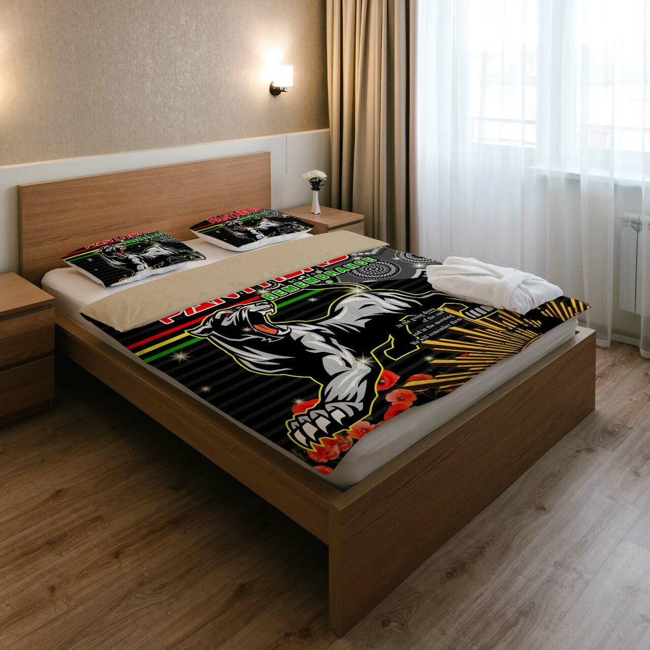 Panthers Rugby ANZAC Aboriginal Bedding Set - Penrith Panthers with Poppy Flower Art Bedding Set LT10 - Vibe Hoodie Shop