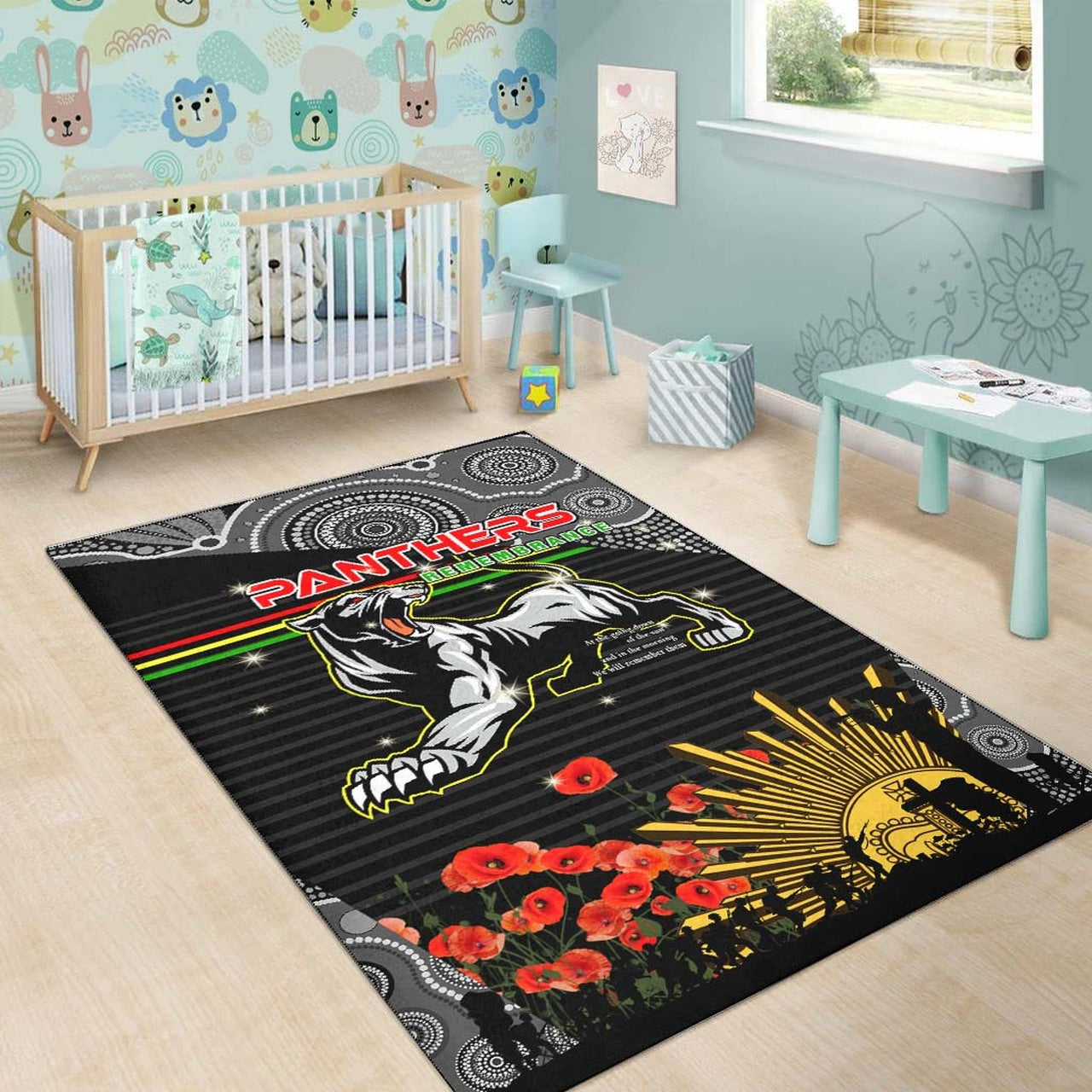 Panthers Rugby ANZAC Aboriginal Rug - Custom Penrith Panthers with Poppy Flower Art Rug LT10 - Vibe Hoodie Shop