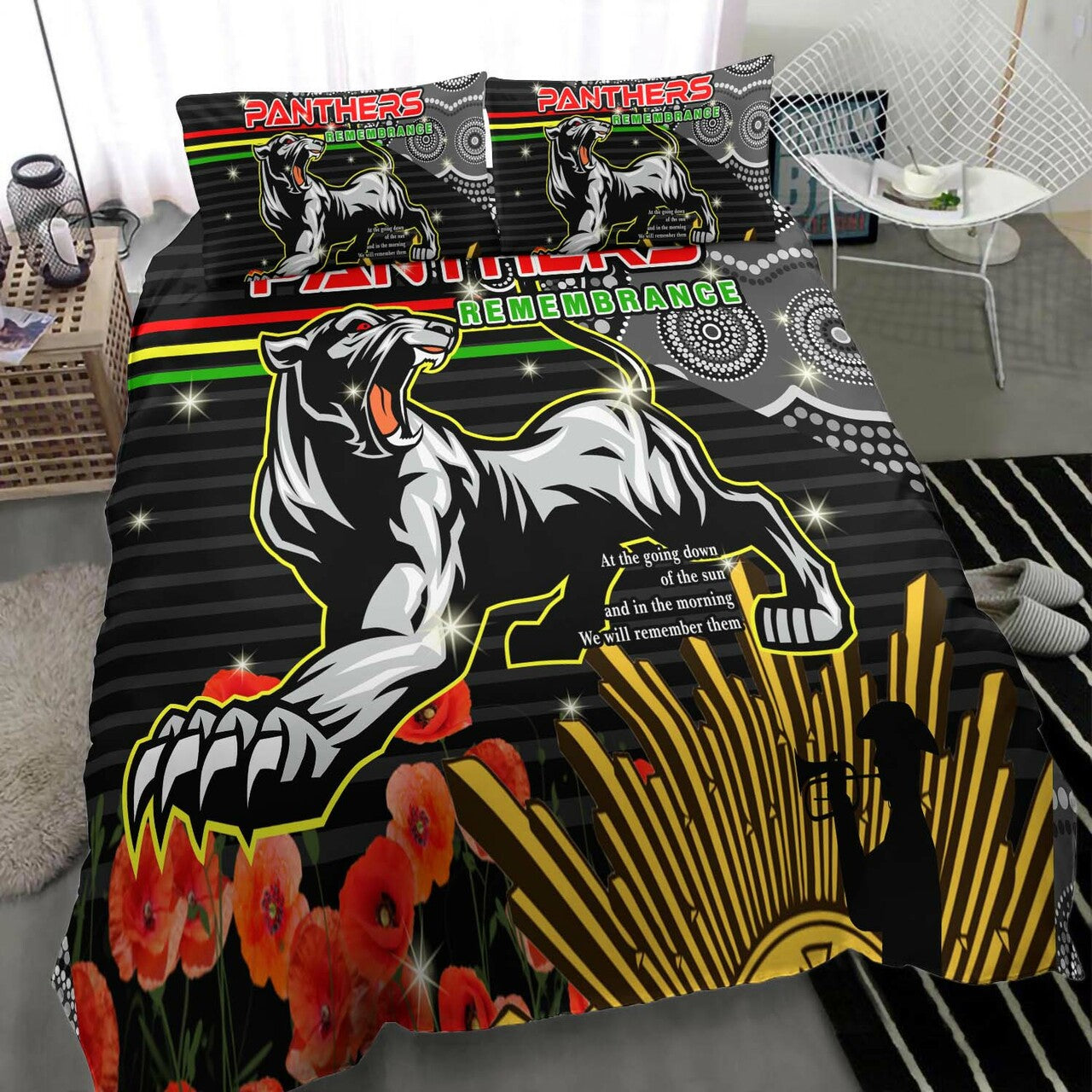 Panthers Rugby ANZAC Aboriginal Bedding Set - Penrith Panthers with Poppy Flower Art Bedding Set LT10 - Vibe Hoodie Shop