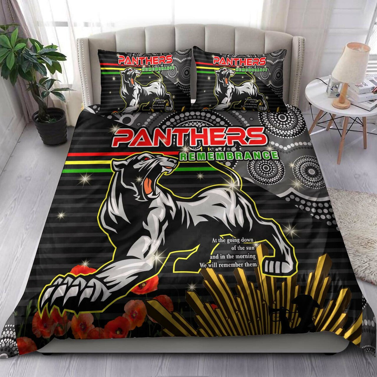 Panthers Rugby ANZAC Aboriginal Bedding Set - Penrith Panthers with Poppy Flower Art Bedding Set LT10 - Vibe Hoodie Shop