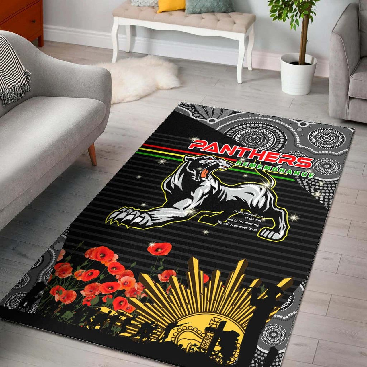 Panthers Rugby ANZAC Aboriginal Rug - Custom Penrith Panthers with Poppy Flower Art Rug LT10 - Vibe Hoodie Shop