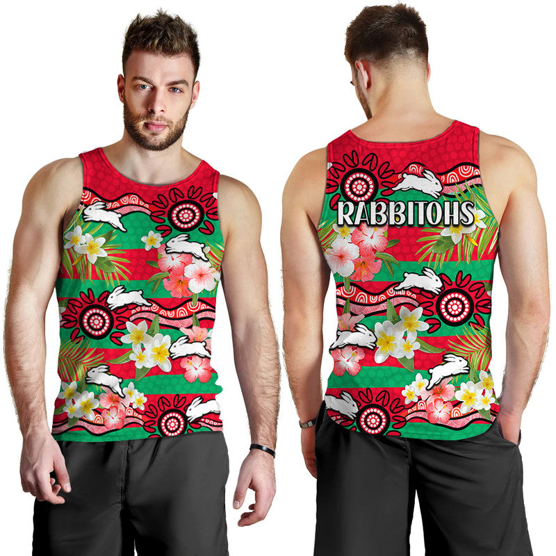 Rabbitohs Rugby Men Tank Top Tropical Flowers And Palm Hawaiian Style - Vibe Hoodie Shop