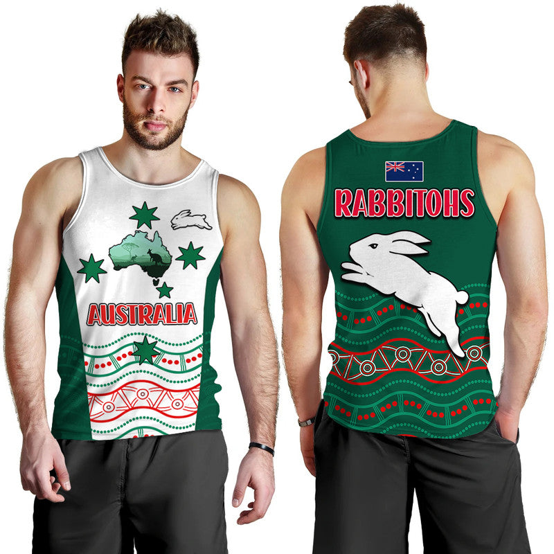 Rabbitohs Australia Day Men Tank Top Flag Map and Aboriginal Wave - Vibe Hoodie Shop