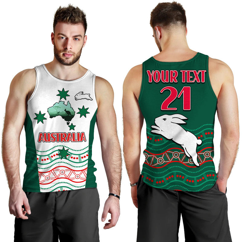 (Custom Personalised) Rabbitohs Australia Day Men Tank Top Flag Map and Aboriginal Wave - Vibe Hoodie Shop