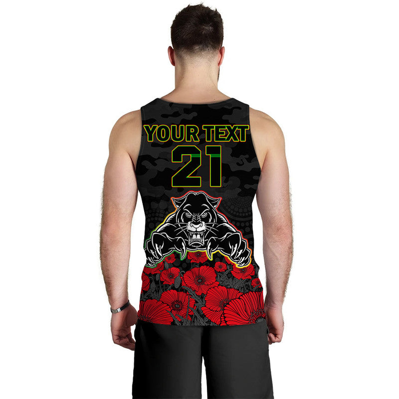 (Custom Personalised) Panthers Rugby ANZAC Men Tank Top Angry Panther Camouflage With Poppy - Vibe Hoodie Shop