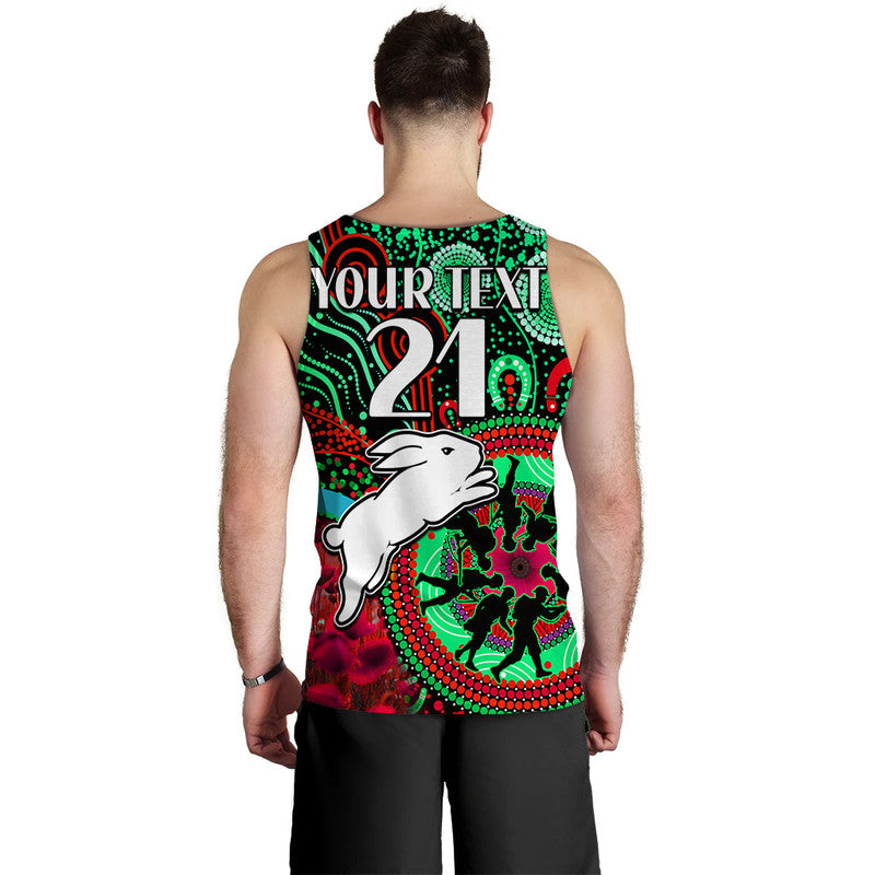 (Custom Personalised) Rabbitohs Rugby ANZAC Men Tank Top Aboriginal Military and Poppy Flowers - Vibe Hoodie Shop