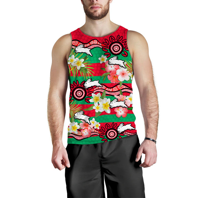 (Custom Personalised) Rabbitohs Rugby Men Tank Top Tropical Flowers And Palm Hawaiian Style - Vibe Hoodie Shop