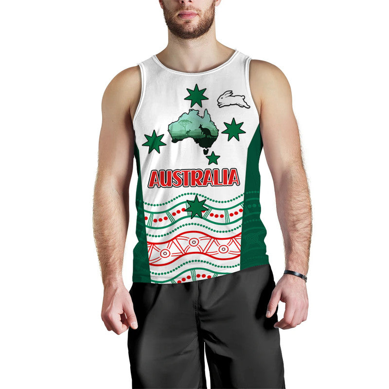 (Custom Personalised) Rabbitohs Australia Day Men Tank Top Flag Map and Aboriginal Wave - Vibe Hoodie Shop
